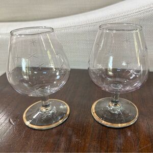 TINY vintage brandy snifters gold rim purple hued etched stars​